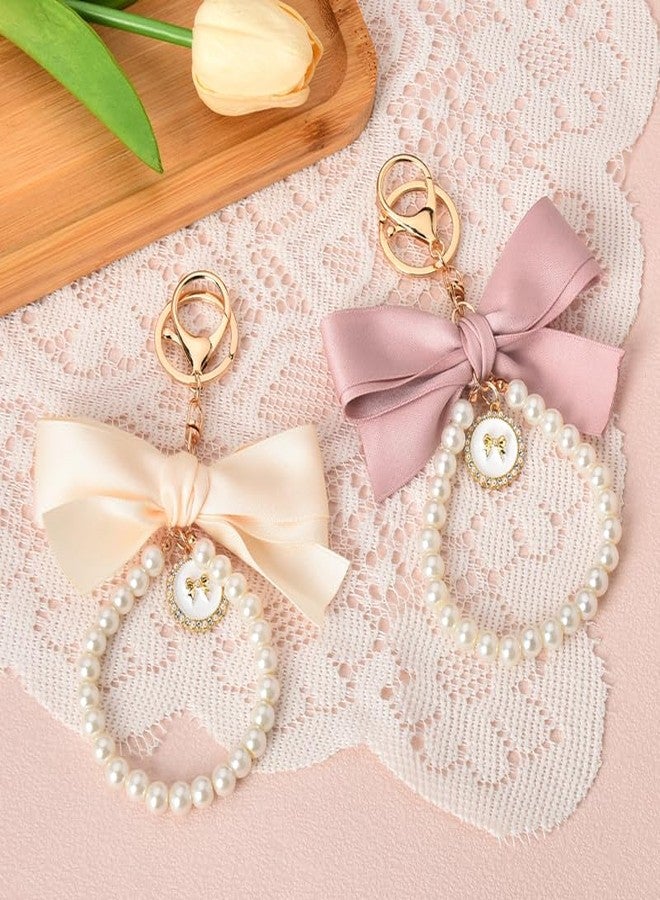 Borhmty Coquette Bow Keychains Pearl Wristlet Keychain with Bow Purse Charm 2pcs Cute Keychains for Women Wristlet Pink Bow Keychain for Purse Women Key chain for Car Keys Girls Cute Pink Keychain Charms - Image 3